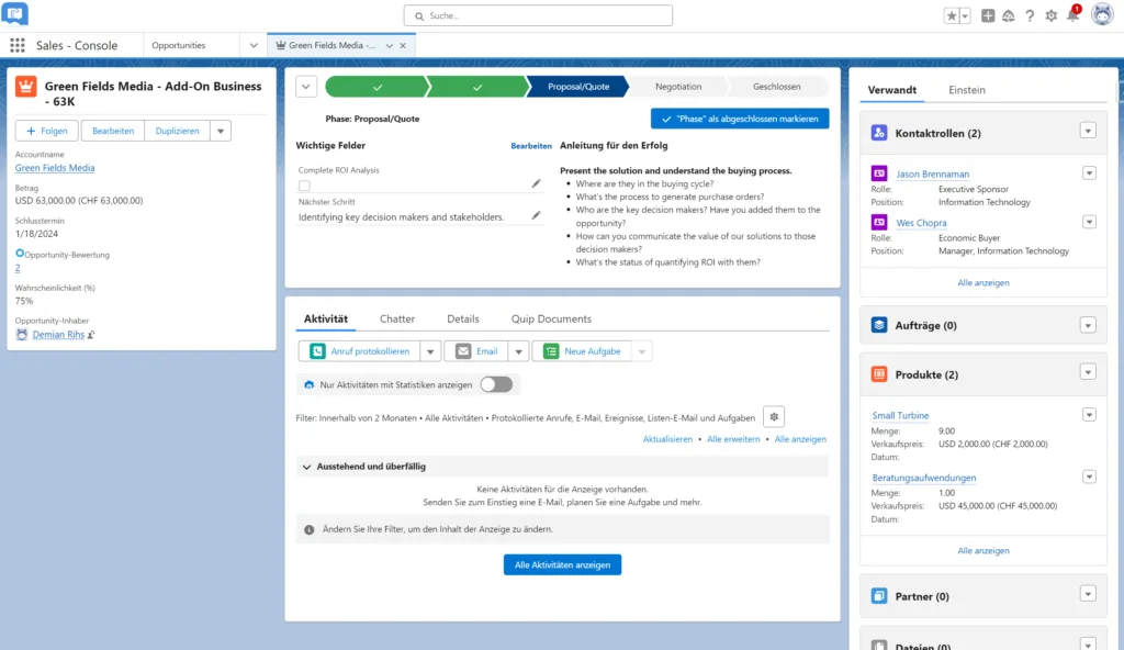 sales opportunity record for a "Green Fields Media - Add-On Business" opportunity with a value of $63,000. The opportunity is currently in the "Proposal/Quote" phase, with various next steps outlined such as presenting the solution, understanding the buying process, and quantifying the ROI.
The image also shows a sidebar with contacts related to this opportunity, including Demian Rihs, Jason Brennaman, and Wes Chopra. There are also sections for "Aufträge", "Produkte", and "Partner" which likely contain additional details about the opportunity.