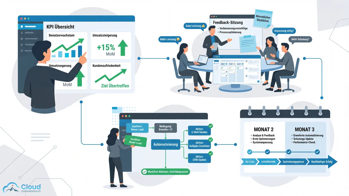 CRM-Optimierung nach dem Go-Live: Eine Person analysiert KPI-Dashboards mit steigenden Grafiken, daneben eine Feedback-Runde mit Teammitgliedern und Automatisierungs-Workflows, die dem System hinzugefügt werden