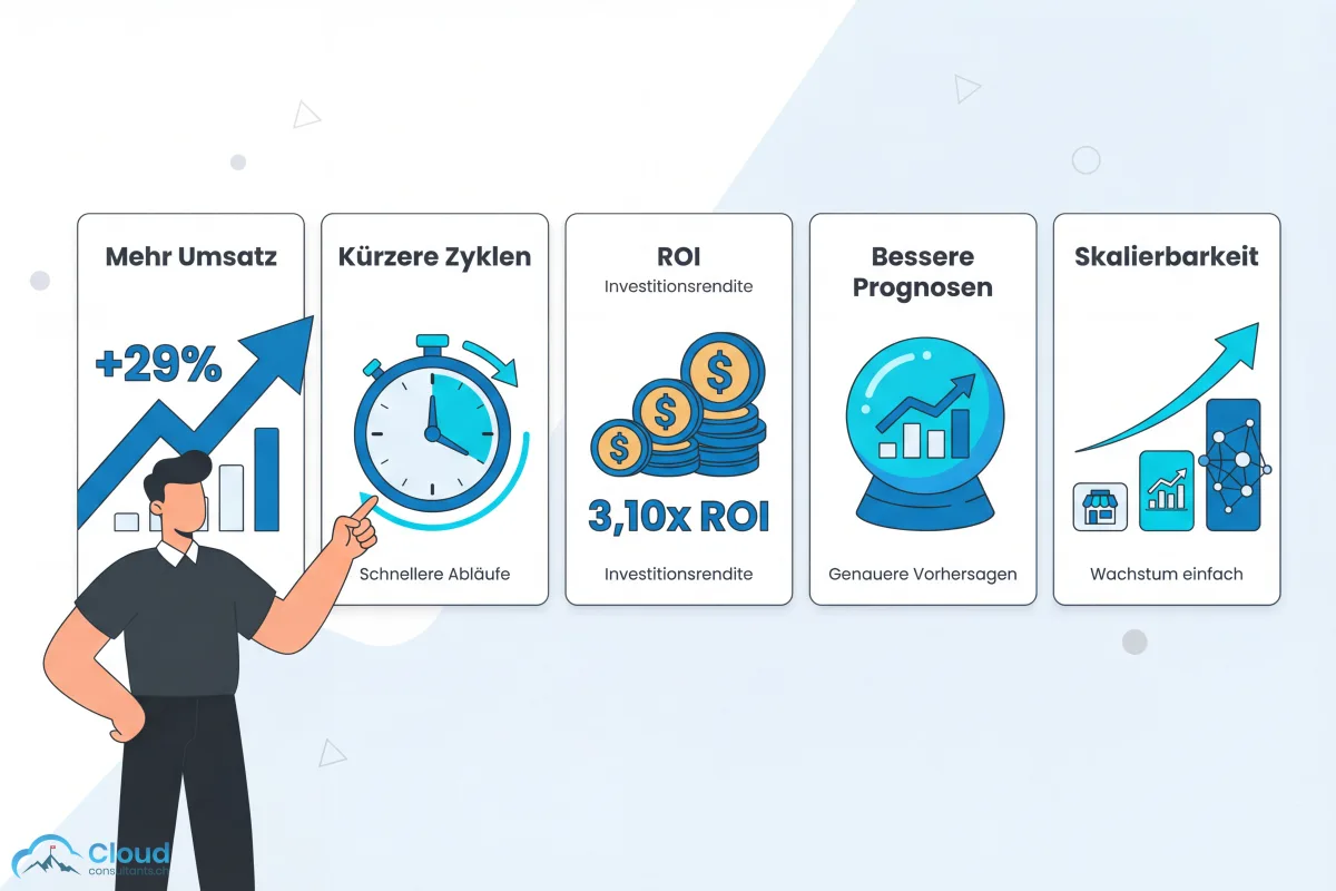 Fünf messbare CRM-Vorteile als Dashboard-Karten: Mehr Umsatz mit +29 Prozent, kürzere Zyklen, 3,10-facher ROI, bessere Prognosen und Skalierbarkeit — eine Person im Business-Outfit zeigt selbstbewusst auf die Kennzahlen