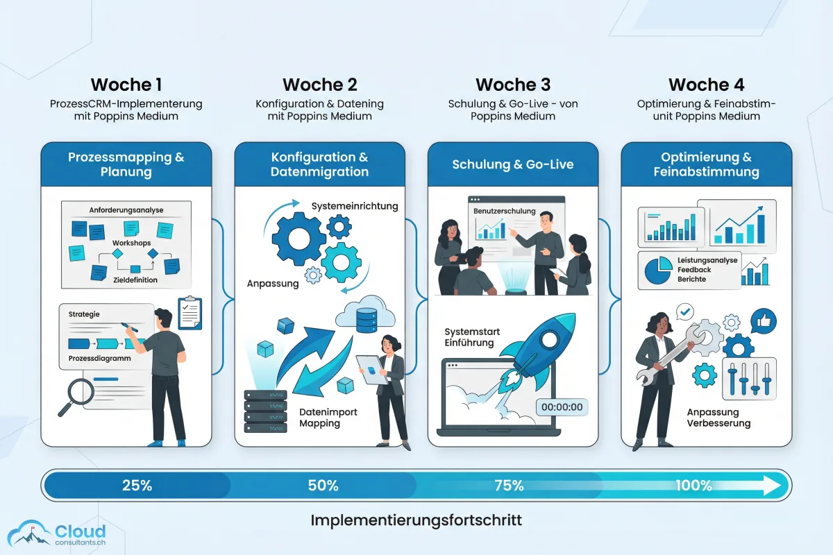 Vier-Wochen-Zeitplan für die CRM-Einführung: Prozess-Workshop, Konfiguration und Datenmigration, Go-Live mit Schulung und Optimierung — ein Fortschrittsbalken zeigt den Weg von 0 auf 100 Prozent