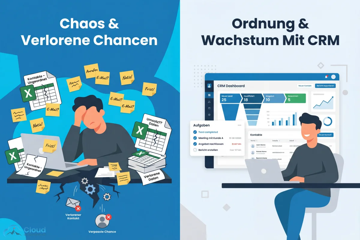 CRM für Startups: Ein Gründer wählt zwischen vier CRM-Systemen und zeigt auf ein Dashboard mit Sales-Pipeline-Phasen Erstkontakt, Qualifizierung, Angebot und Abschluss
