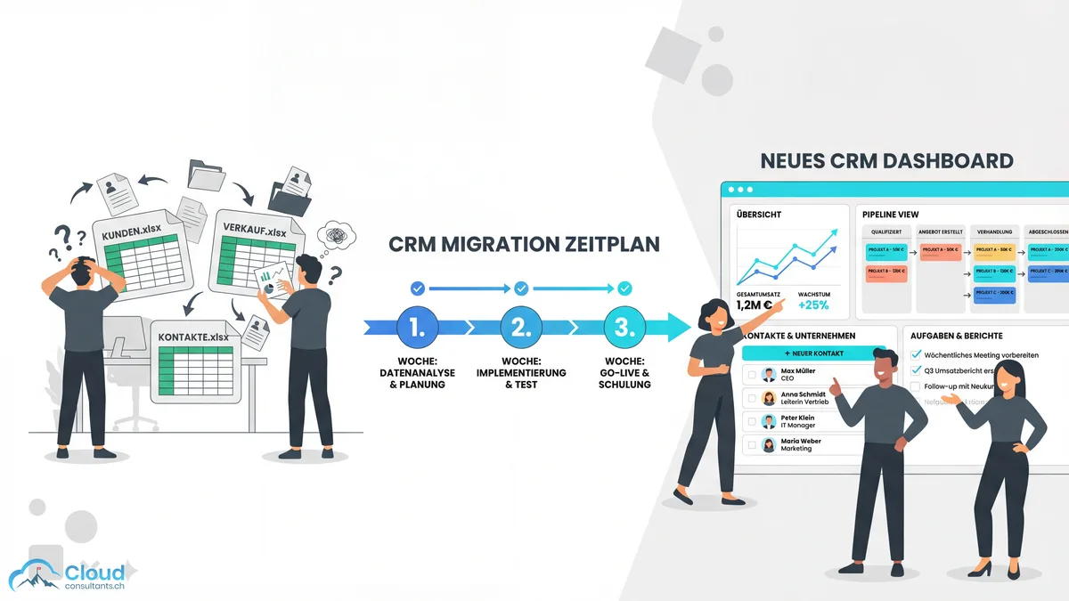 Praxisbeispiel einer CRM-Migration: Links ein kleines Büro mit drei Excel-Dateien und verwirrten Teammitgliedern, in der Mitte ein Zeitstrahl über drei Wochen mit Meilensteinen, rechts ein modernes CRM-Dashboard mit organisierten Kontakten und Pipeline-Ansicht