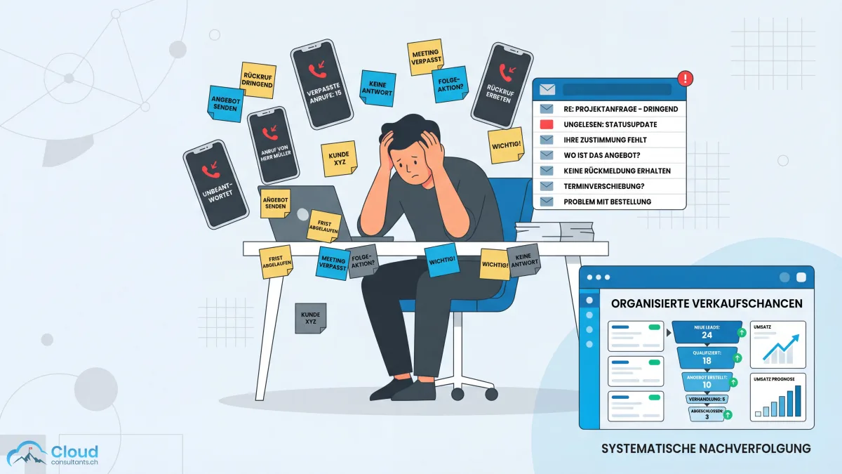 Sieben CRM-Vorteile visualisiert: Umsatzsteigerung, höhere Produktivität, bessere Prognosen, kürzere Verkaufszyklen, messbarer ROI, stärkere Kundenbindung und Skalierbarkeit — dargestellt als Dashboard mit steigenden Kennzahlen und einem organisierten Vertriebsteam