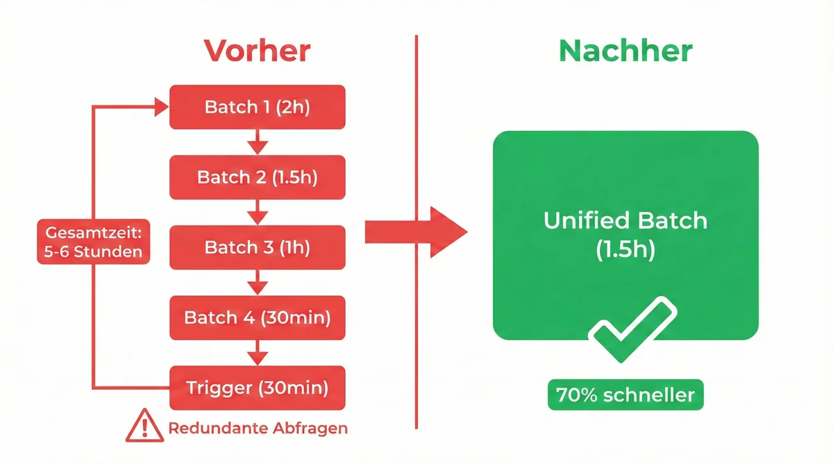 Salesforce Batch-Optimierung: 5 sequenzielle Batch-Jobs mit 5-6 Stunden Laufzeit konsolidiert zu einem Unified Batch mit 1.5 Stunden -- 70% Performance-Verbesserung