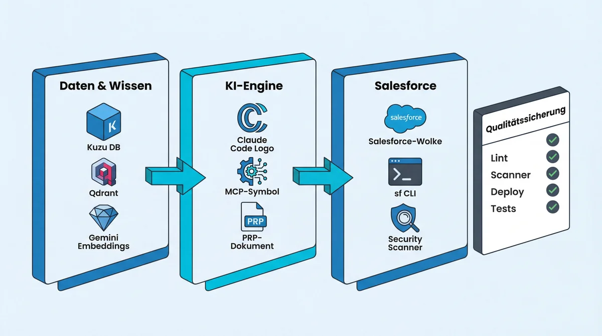 Technologie-Stack für KI-gestützte Salesforce-Entwicklung: GraphRAG-Wissensbasis mit Kuzu und Qdrant, Claude Code mit MCP-Integration, Salesforce CLI und Security Scanner