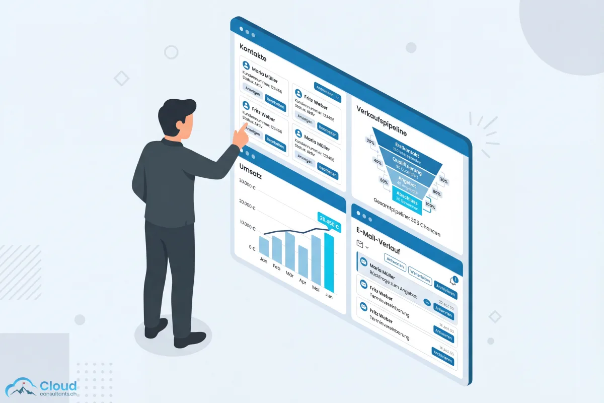 Salesforce CRM-Dashboard als Kundendatenbank: Vier Panels zeigen Kontakte mit Kundenkarten, eine Verkaufspipeline mit Phasen von Erstkontakt bis Abschluss, ein Umsatz-Balkendiagramm und einen E-Mail-Verlauf — eine Person interagiert mit dem System