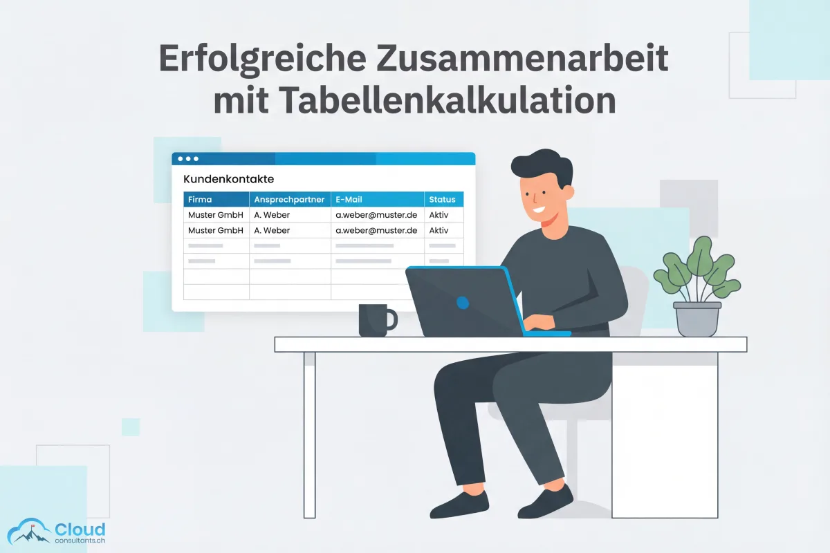 Excel-Kundenverwaltung für kleine Teams: Eine Person arbeitet entspannt an einem Laptop mit einer übersichtlichen Tabelle mit wenigen Kundenkontakten — in dieser Phase funktioniert die Tabellenkalkulation problemlos