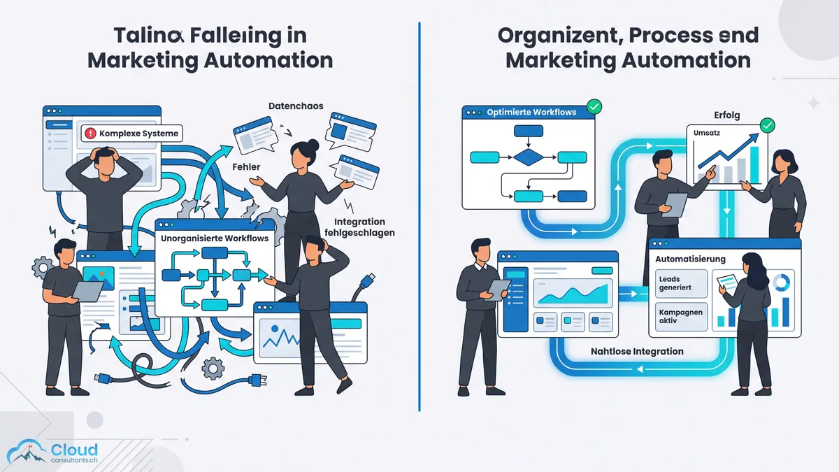 Vergleich: Gescheiterte Marketing-Automatisierung mit komplexen Systemen und Datenchaos (links) versus organisierte Workflows mit professioneller Agenturbegleitung (rechts)