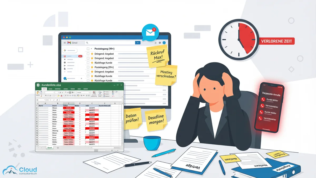 Typische Probleme eines nicht-digitalisierten Vertriebsteams: Überquellender Posteingang, verstreute Excel-Tabellen mit Fehlern, Post-it-Notizen und verpasste Anrufe — eine überforderte Person am Schreibtisch