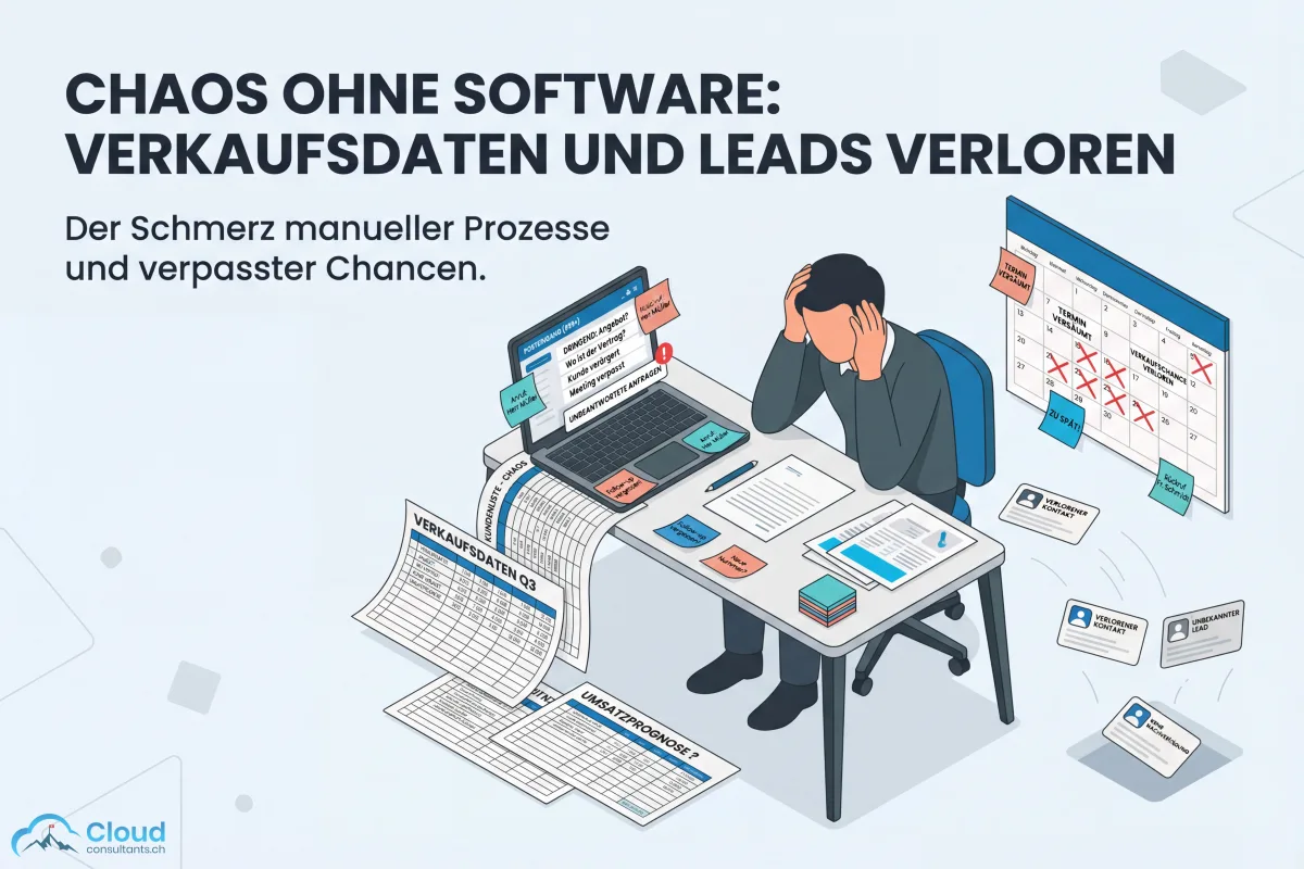 Illustration einer überforderten Person am Schreibtisch, umgeben von verstreuten Excel-Tabellen, Post-its und E-Mail-Benachrichtigungen — ein typisches Bild für den Vertriebsalltag ohne professionelle Software